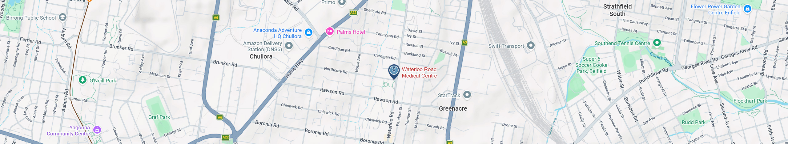 Map showing Waterloo Road Medical Centre at 272 Waterloo Road, Greenacre NSW 2190